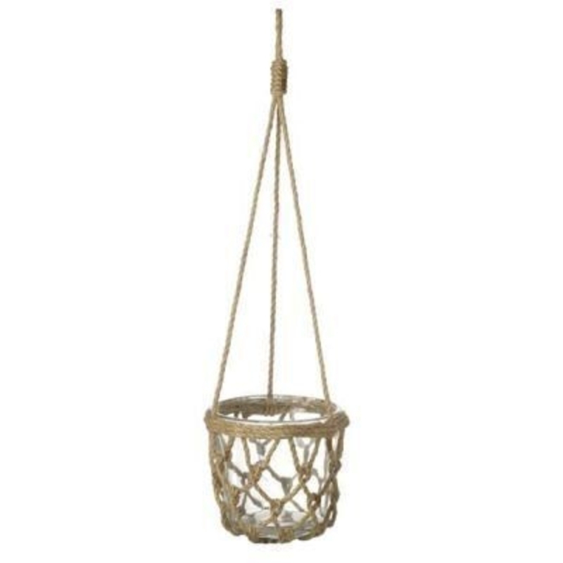 This Glass Pot Hanging in a MacramÃƒÂ© Rope Holder by Heaven Sends would be a lovely addition to any home or garden. The glass pot sits inside a macramÃƒÂ© rope knotted holder and then is suspended from rope with a rope loop at the top to hang from. Made from g